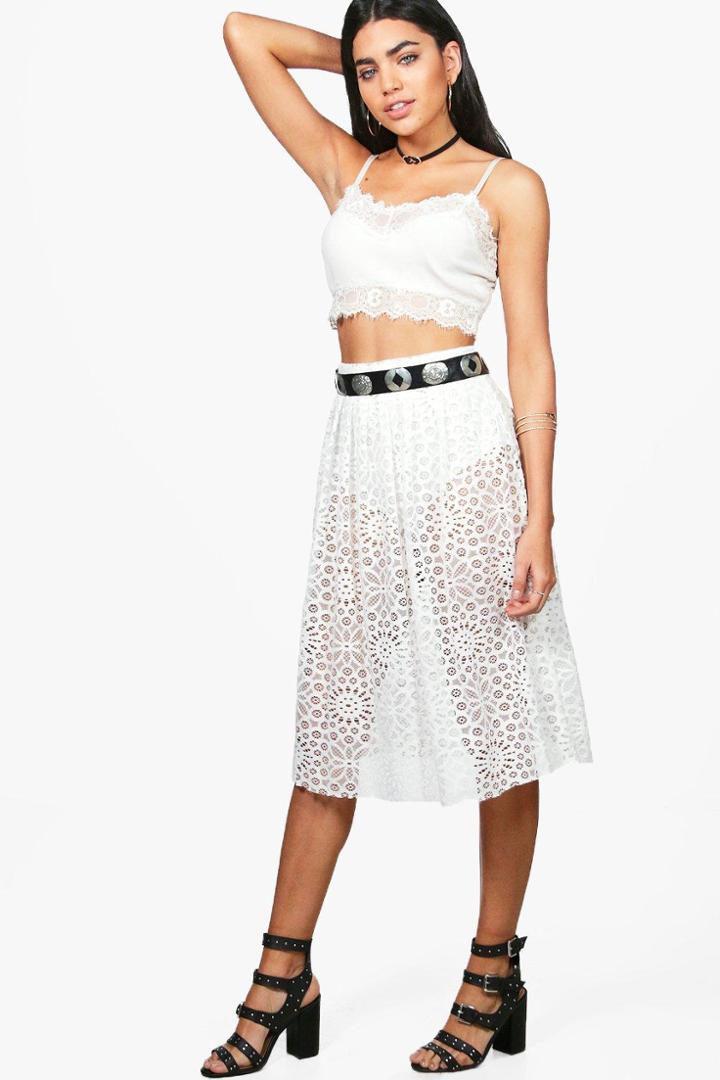 Boohoo Priya Interest Lace Full Midi Skirt Ivory