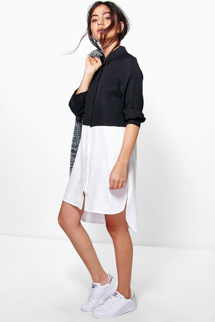 Boohoo Edith Colour Block Shirt Dress Black