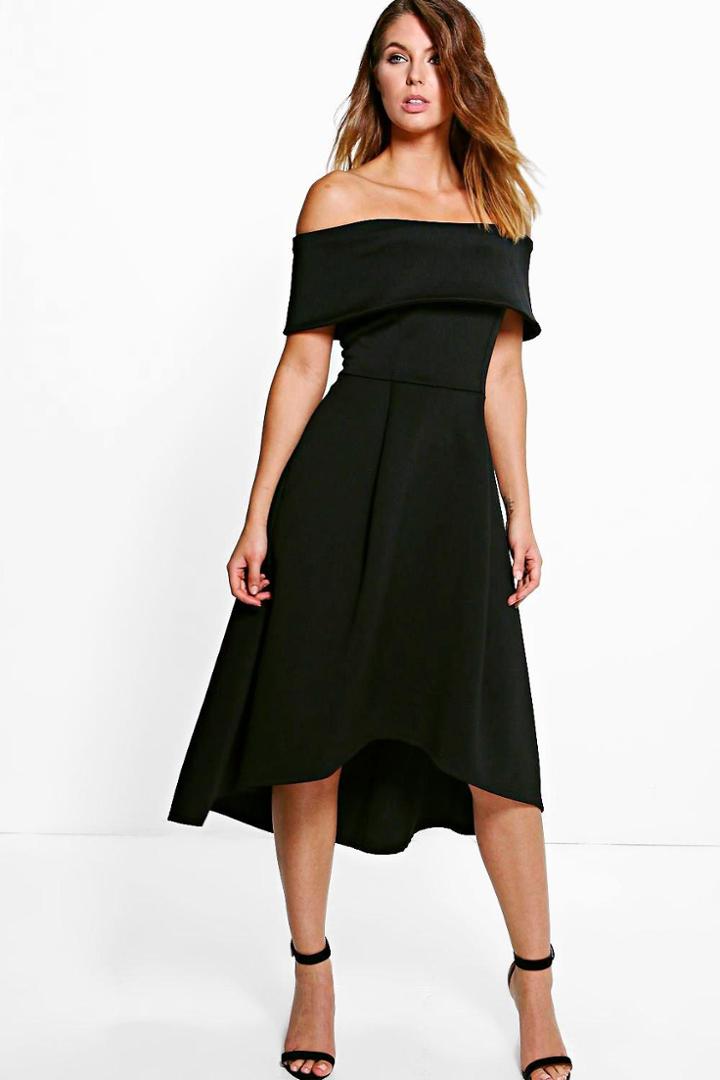 Boohoo Rella Off Shoulder Dip Hem Skater Dress Black