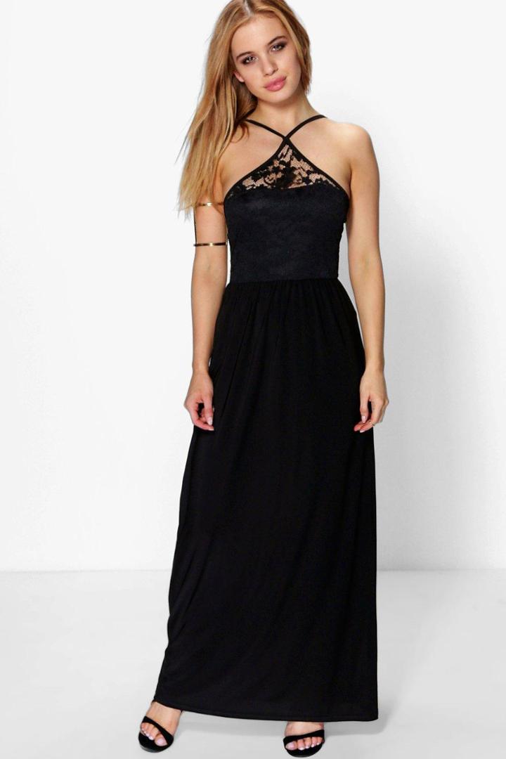 Boohoo Petite Mia Lace Detail Strappy Maxi Dress Black