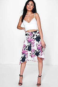 Boohoo Aurora Bow Front Dipped Hem Floral Midi Skirt