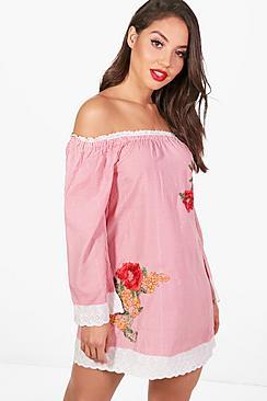 Boohoo Lottie Floral Embroidered Bardot Beach Dress
