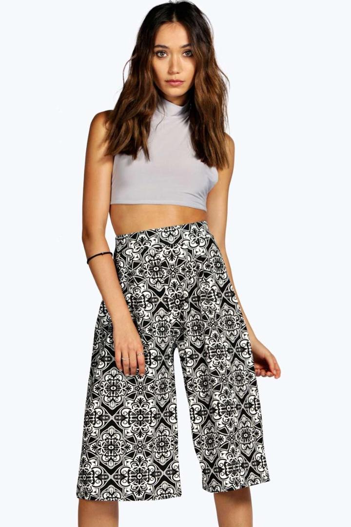 Boohoo Jayne Monochrome Tile Print Culotte Shorts Black