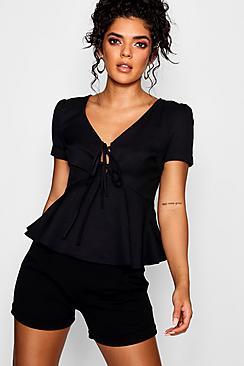 Boohoo Rila Button Detail Belted Peplum Top
