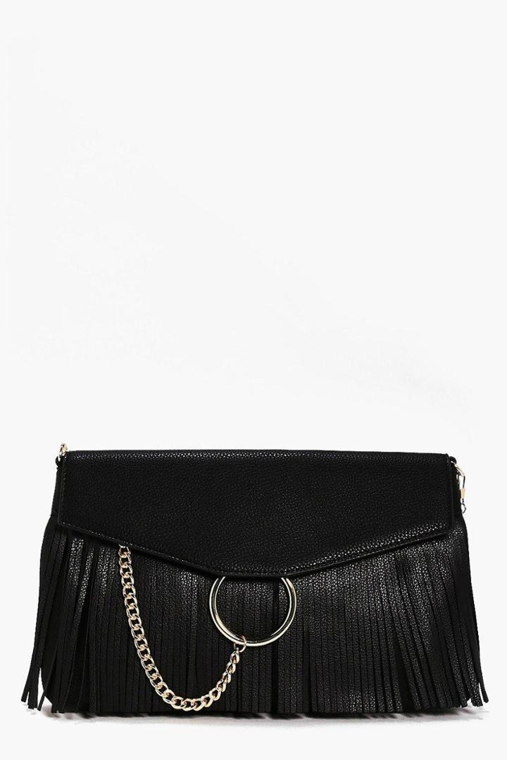 Boohoo Lillie Circle & Fringed Cross Body Bag Black