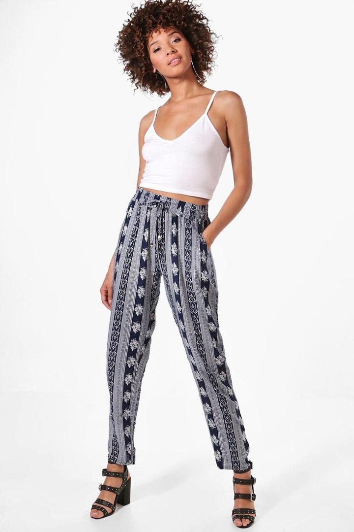 Boohoo Lucia Bohemian Floral Stripe Woven Joggers Navy