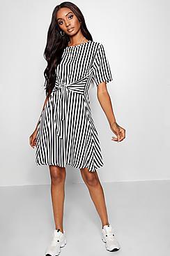 Boohoo Leah Tie Front Stripe Skater Dress