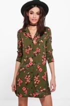 Boohoo Sophia Oriental Floral Print Shirt Dress Khaki