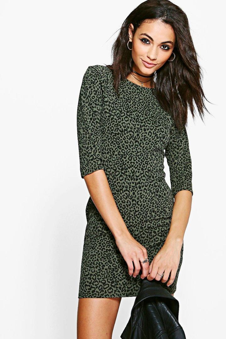 Boohoo Aly Animal Texture 3/4 Sleeved Bodycon Dress Khaki