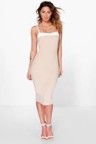 Boohoo Stassy Sweetheart Contrast Neck Mid Dress Stone