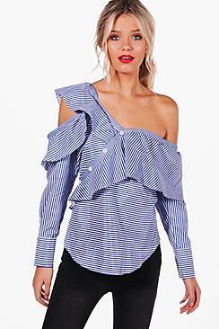 Boohoo Faith Contrast Stripe Ruffle Bardot Shirt