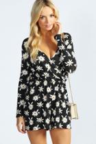 Boohoo Madeline Daisy Print Jersey Playsuit Black