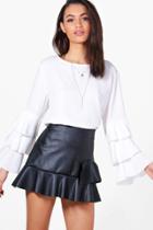 Boohoo Lacey Frill Sleeve Blouse White
