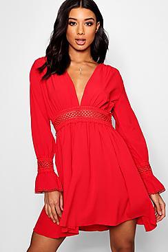 Boohoo Crochet Waist And Sleeve Skater Dress