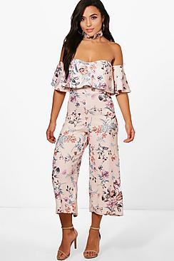 Boohoo Petite Evie Choker Frill Off The Shoulder Jumpsuit
