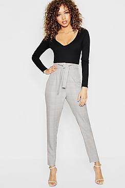 Boohoo Tie Waist Woven Check Slimline Trousers