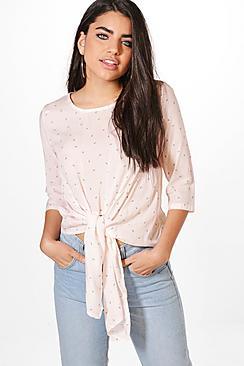 Boohoo Abigail Anchor Print Tie Front Blouse