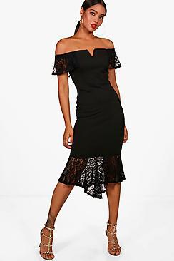 Boohoo Ella Lace Frill Off The Shoulder Midi Dress