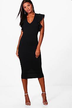Boohoo Frill Sleeve Plunge Midi Dress