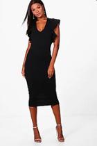 Boohoo Frill Sleeve Plunge Midi Dress