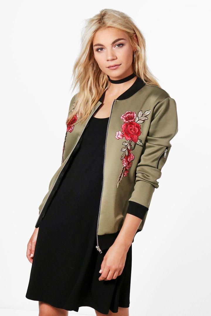 Boohoo Joanna Embroidered Bomber Jacket Khaki