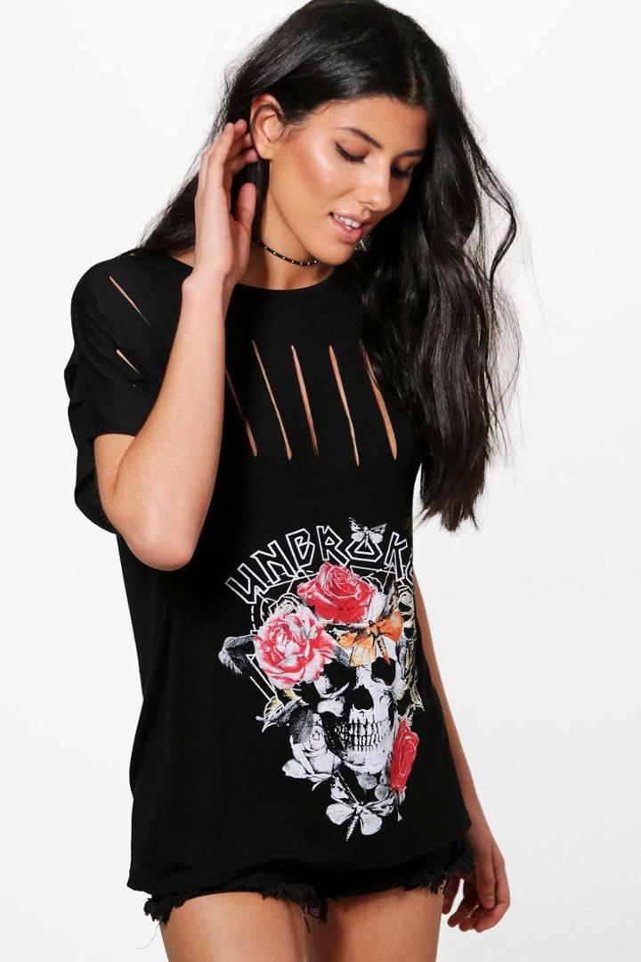 Boohoo Charlie Slashed Printed Band T-shirt Black