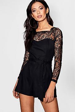 Boohoo Scalloped Lace Belted Playsuit