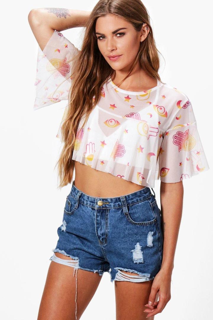 Boohoo Nadia Mesh Festival Print Smock Crop Pink