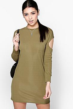 Boohoo Lucy Cold Shoulder Long Sleeve Shift Dress