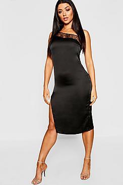 Boohoo Lace Trim Satin Thigh Split Midi Dress