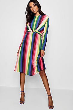 Boohoo Erin Rainbow Tie Front Midi Dress