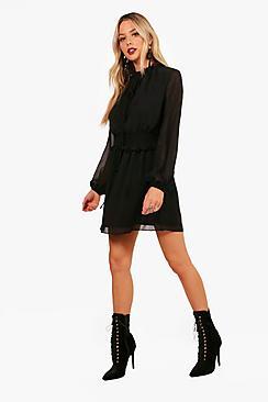 Boohoo Shirred Waist High Neck Skater Dress