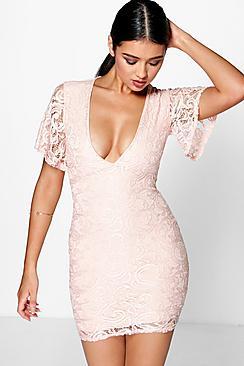 Boohoo Sofia Lace Frill Sleeve Plunge Bodycon Dress