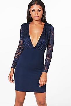 Boohoo Hannah Lace Top Plunge Neck Bodycon Dress