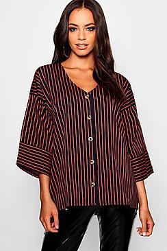 Boohoo Stripe Horn Button Woven Shirt