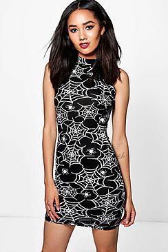 Boohoo Petite Claire Spider Web Halloween Bodycon Dress