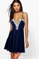 Boohoo Beatrice Lace Plunge Trim Skater Dress Navy