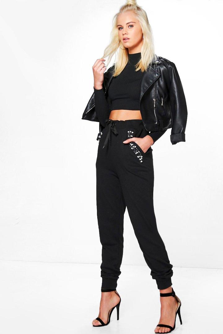 Boohoo Eva Embellished Pocket Sweat Joggers Black