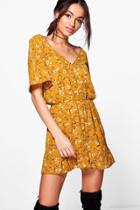 Boohoo Louise Cold Shoulder Ruffle Floral Playsuit Mustard