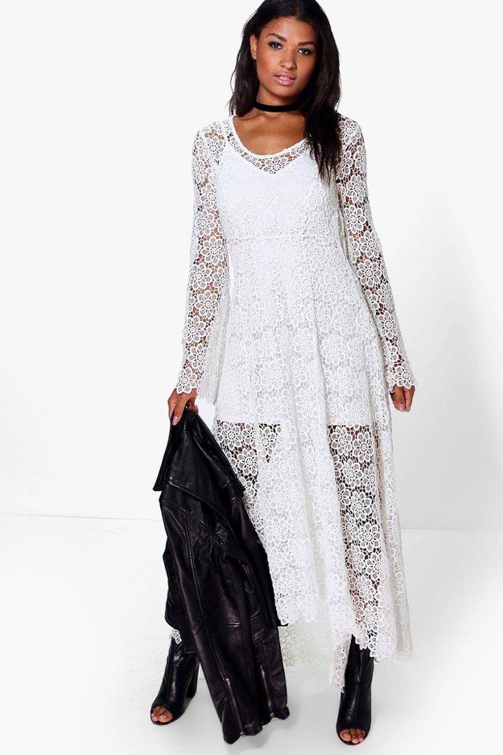 Boohoo Boutique Ali Crochet Frill Skater Dress Ivory