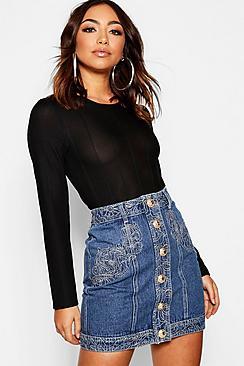 Boohoo Embroidered Button Detail Denim Skirt