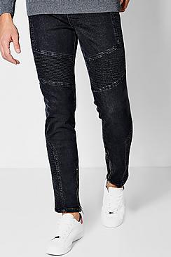 Boohoo Skinny Fit Black Jeans With Biker Detailing