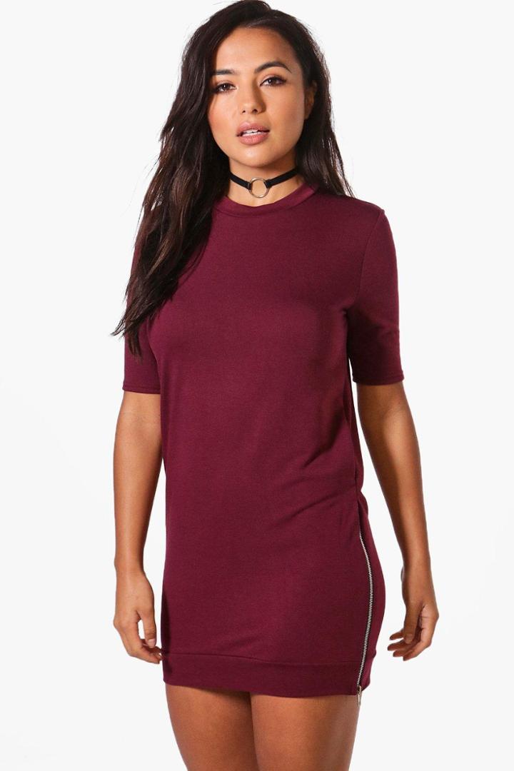Boohoo Petite Nina Zip Detail Short Sleeve Sweat Dress Burgundy