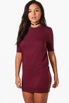 Boohoo Petite Nina Zip Detail Short Sleeve Sweat Dress Burgundy
