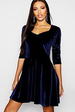 Boohoo Velvet Sweetheart Neck Skater Dress