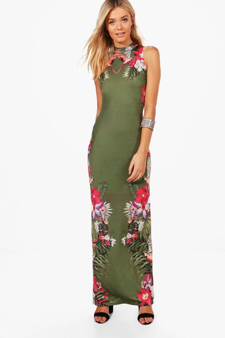 Boohoo Dana Floral Column Print Maxi Dress Khaki