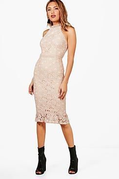 Boohoo Boutique Lace Frill Hem Midi Dress
