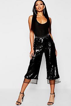 Boohoo Sequin Mesh Hem Kick Flare Culotte