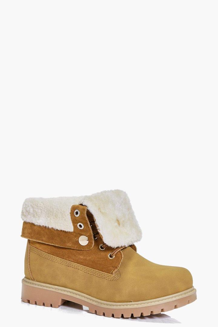 Boohoo Rachel Fur Trim Collar Hiker Boot Sand