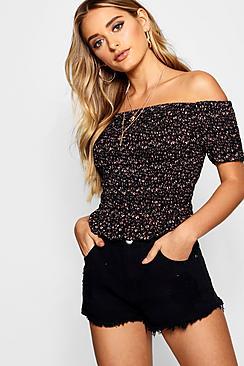 Boohoo Jayde Floral Shirred Woven S/s Crop